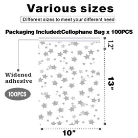 LEOSINDA 100 pcs 10 X 13 Inch Clear Sealable Cellophane Bags Dim Sum Bags Shirt Bags Cookie Bags Gift Packaging Plastic Corporate Packaging 1.36 mils Silver Star Printing