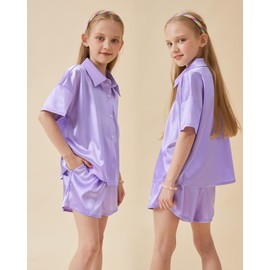 Petite&Me Girls' Silk Pajama Set Button-Down Shirt Collar Top & Lounge Shorts Sizes 6-14(Lavender, 12)