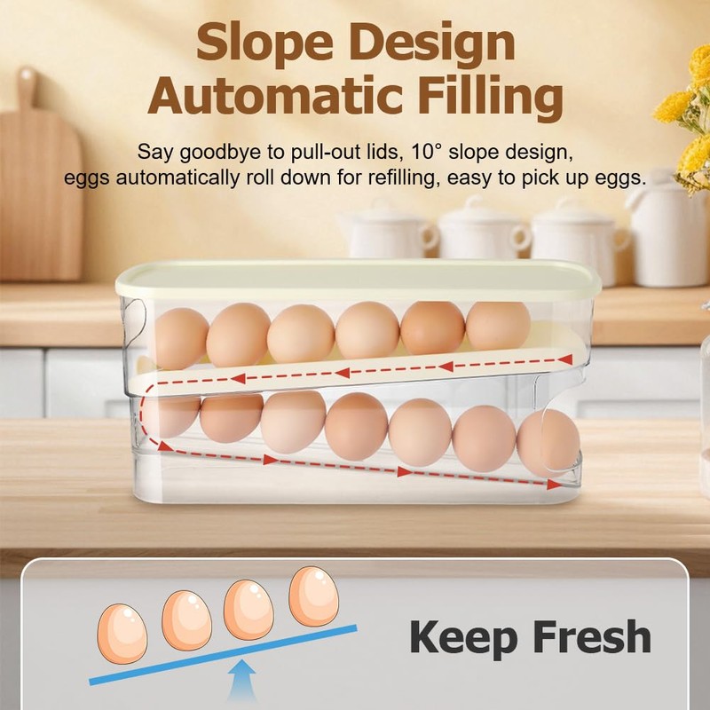 HOTUT Egg Container for Refrigerator, 2-Tier Automatic Egg Holder for