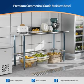 ROVSUN Open Base Stainless Steel Table 60 x 24 Inches, NSF Commercial Heavy Duty Prep & Work Table,Metal Table for Kitchen, Restaurant, Home, Hotel, Garage, Laundry