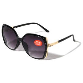 V.W.E. Women Oversized Rhinestones BIFOCAL Reading Sunglasses - Outdoor Reader Glasses UV Protection (Black, 2.75, x)