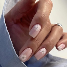 24 Pcs Flowers Press on Nails Short Square Nail Tips,YEFIUO Acrylic Nail Kit Summer Fall Cute Fake Nails Press ons Glue on Nails Full Cover Reusable False Nails Glossy Solid Color Nail Art for Ma'am