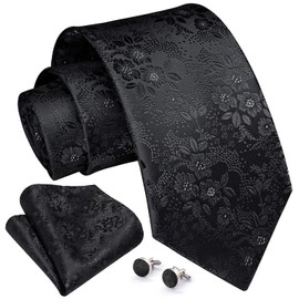 Enlision Black Ties for Men Floral Tie and Pocket Square Formal Tie Cufflinks Set for Business Wedding
