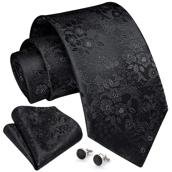 Enlision Black Ties for Men Floral Tie and Pocket Square