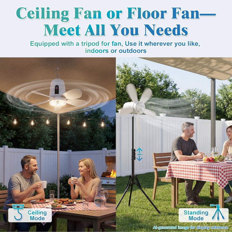 Solar Ceiling Fan Light, 18000mAh Reachargeable Gazebo Fan with Remote