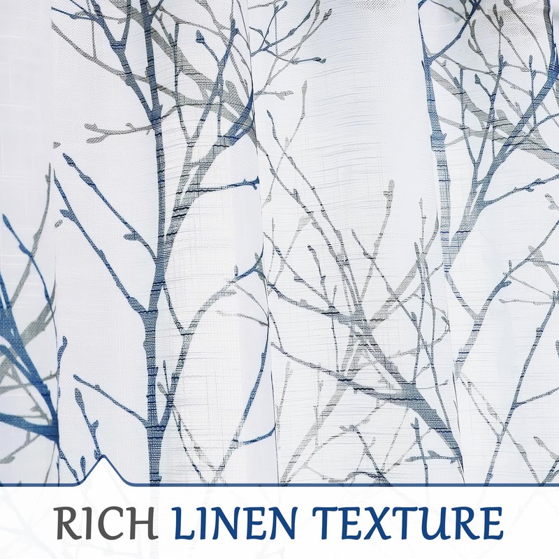 FMFUNCTEX Linen Semi Sheer Curtains for Bedroom, Blue White Curtains