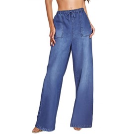 PAOLA RIBONI Women's Drawstring Wide Leg Jeans High Waisted Loose Fit Denim Pants Polyester (US, Alpha, Large, Regular, Regular, Dark Blue)