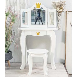 GAOMON Kids Vanity, Girls Vanity Table with Tri-Folding Mirror,Stool & Drawer, 2 in 1 Wooden Princess Makeup Desk Dressing Table, Toddler Vanity,Pretend Play Vanity Set for Kids