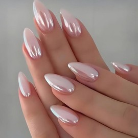 Almond Press on Nails Pink Chrome Fake Nails Glossy Pearl Powder Stick on Nails Metal Mirror Acrylic False Nails Holographic Full Cover Medium Glue on Nails for Women Manicure 24Pcs