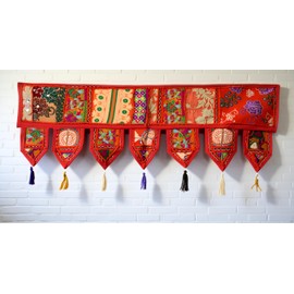 CRAFT KALA Indian Vintage Patchwork Door Cotton Bohemian Ethnic Topper Valances Window Valances Wall Hanging Boho Home Decor Hand Embroidered Toran Hippie Living Room Decor (Orange, 1 Meter)