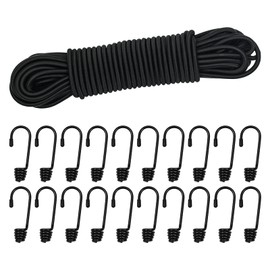 20M Elastic Cord, 1/4" Thick Shock Cord Heavy Duty 65Ft Elasticated Shock Cord Black Bungee Cords with Hooks for Caravan Camping Cargo Craft Rack (6mm x 20M, Black)