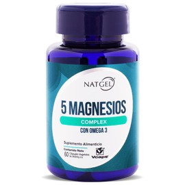 MAGNESIO COMPLEX | NatGel 5 Magnesios Complex + Omega 3 | Glicinato, Citrato, Carbonato, Hidroxido y Oxido | 60 Cápsulas Veganas Vcaps