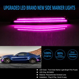 Bestview LED Side Marker Lights Reflectors Lights Dual Rows Pink Purple for 2010-2014 Ford Mustang Assembly, Smoked Lens Front & Rear Side Markers, Driver & Passenger Side Bumper Lights, Pack of 4