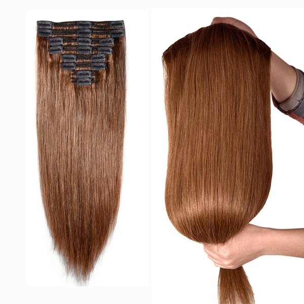 160g Double Weft Clip in 100% Remy Human Hair Extensions #6 Light Brown Grade 7A Quality Full Head Thick Thickened Long Soft Silky Straight 8pcs 18clips for Women Fashion 22" / 22 inch