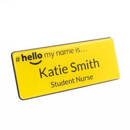 Badgemaster Hello My Name is Yellow Badge Premium Domed Yellow Black 76 x 32mm GP Practitioner Doctor Healthcare Nurse Medical Staff Clinical Student Assistant