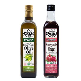De La Rosa Organic Extra Virgin Olive Oil & Pomegranate Vinegar, 100% Pure, Raw & Unfiltered, Vegan, Kosher, Non-GMO & Gluten Free, Great for Salad Dressings & More 16.9 Oz (Pack of 2)