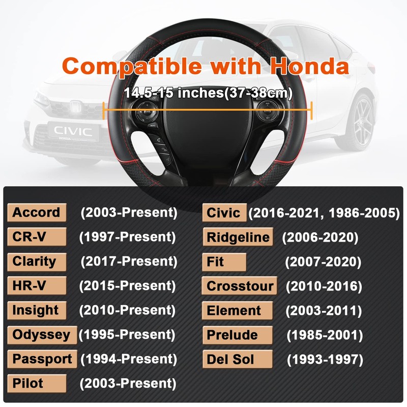 GIANT PANDA Microfiber Leather Steering Wheel Cover for Honda Accord,Civic,CR-V,HR-V,Pilot(Diamond-Pattern-Black+Red