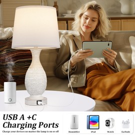 Seealle Farmhouse Table Lamps for Bedroom - Bedside Lamps Set of 2 with USB C+A, 3-Way Dimmable Touch Lamps for Night Stands