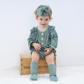 GRNSHTS Newborn Baby Girl Clothes Ruffle Solid Sweater Romper Long Sleeve Button Bodysuit+Hairband+Socks 3Pcs Fall Winter Outfits(Green,6-9 Months)