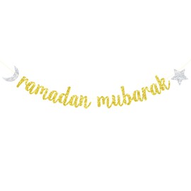 Ramadan Mubarak Banner, Eid Mubarak Decorations, Eid Festival Muslim Islam Party Decorations, Hajj Mubarak Umrah Mubarak Islamic Party Decorations Supplies, Gold and Silver Glitter