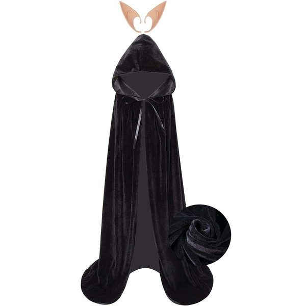Black Velvet Witch Cape Vampire Hooded Cloak Wizard Robe XL