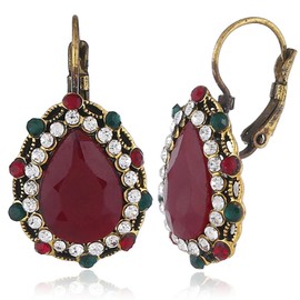 JIMARIN Bohemian Vintage Bronze Geometry Round Enamel Flower Dangle Hoop Lever Back Earrings Ethnic Handmade Wooden Beaded Circle Disc Teardrop Dangle Drop Earrings For Women (Red Teardrop)