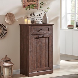 IFGET Tilt Out Trash Can Cabinet, Dog Proof Trash Can Cabinet, Farmhouse Hidden Laundry Hamper Cabinet with Barn Door, 10 Gallon Garbage Can Bin Cabinets with Storage Basket for Kitchen (Brown)