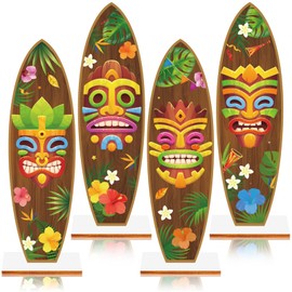 4 Pcs Tiki Surfboard Table Decorations Tiki Bar Wooden Signs Tropical Party Decorations Hawaiian Luau Party Decorations Wood Beach Decor for Home Bar Aloha Summer Party Birthday Decor Supplies