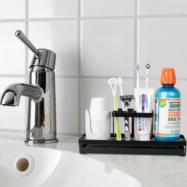 Toothbrush Holders for Bathrooms, Carbon Steel Tooth Brushing Holder Electric Toothbrush and Toothpaste Organizer Bathroom Accessories for Countertop, Shower, Sink, 5 Slots, Matte Black