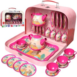 Kiddie Play Tea Set for Little Girls, Pretend Play Tea Party Set, Squirrel Design Kids Tin Tea Set with Carrying Case (15 Pcs)
