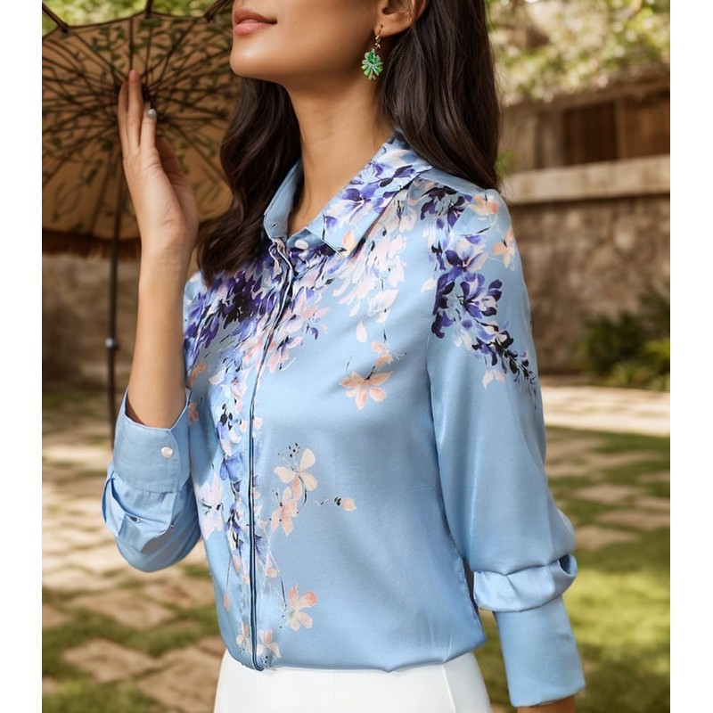 MAAYKOM Women's Printed Flowers Commercial Long Sleeved Casual Loose Lapel