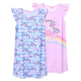 QPANCY 2Pcs Girls Nightgowns Pjs Princess Casual Sleepwear Kids Pajamas Flutter Sleeves Rainbow Unicorn Nightdress Cartoon Homewear Size 8 9