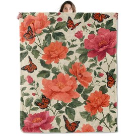 SOMEKLLY - Manta de flores vintage suave y acogedora, manta de franela ligera con estampado retro de peonía y mariposa para mujeres, elegante decoración botánica para dormitorio, oficina, regalos 127
