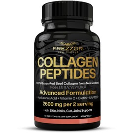 FREZZOR Collagen Peptides with UAF1000+, 100% Grass-Fed New Zealand Cattle Source, Hydrolyzed, Joint, Skin, Hair & Nail Support, Amino Acids, Anti-Aging, 90 Capsules, 1 Bottle