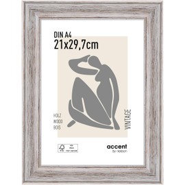 accent by nielsen Bilderrahmen, 21 x 29,7 cm (A4), Holz, Weiß, Dokumentenrahmen zum Aufhängen im Hoch- & Querformat, Echtglas, Vintage