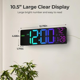 10.5" Large Digital Wall Clock, Led Clock with Remote Control, Dual Alarms, 10 Brightness Dimmer, 8 Colors, 5 Volume, Auto DST, ℃/℉, Timer, Alarm Clocks Bedside for Heavy Sleepers