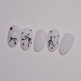 Mono Rabbit Handmade Nail Tips Knit Gel Ribbon Dot Nails - Round Short / 모노래빗 수제네일팁 니트젤 리본 도트네일 - 라운드숏