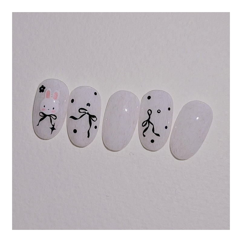 Mono Rabbit Handmade Nail Tips Knit Gel Ribbon Dot Nails