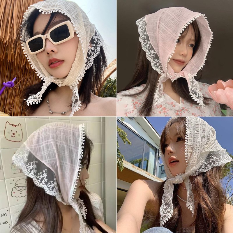 2 Pack Lightweight Lace Trim Head Scarves - Boho Floral