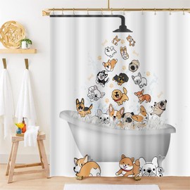 Cute Raining Dogs Shower Curtain,Funny Dog Cartoon Corgi Kids Shower Curtains Hilarious Cute Animal Pets Playing Water Design Paw Pattern Children Bath Curtain Waterproof Fabric with Hooks,72''x78''