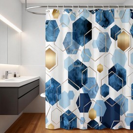 Indigo Gold Geometric Honeycomb Shower Curtain Water-Resistant Polyester Bath Curtain 72x72 Inches Light Luxury Ink-Texture Bathroom Décor Curtain