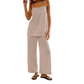 PAODIKUAI Women's 2 Piece Outfits Summer Sets Sleeveless Square Neck Tank Top Wide Leg Pants Matching Lounge Set(Khaki,L)