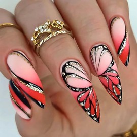 Medium Press on Nails Almond Black Butterfly French Tip Nails Acrylic False Nails with Red Gradient Swirl Design Artificial Fake Nails Reusable Gel Stick on Nails for Women