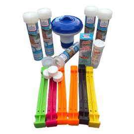 Happy Splash Pack, 50 x Chlorine Tablets 20g (1kg), Floating Dispenser, 50 Test Strips, 6 Dive Sticks. Great for swimming pools, inflatable hot tubs and ice baths.