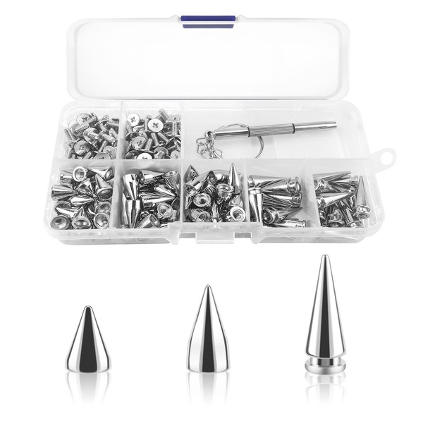 100pcs Spikes Studs 7mm Metal Cone Spikes Rivet, Punk Rock Screw Back Studs for DIY Bags Clothing Leather Craft Bracelet Necklace, with Screwdriver (Silver, 3 Size)