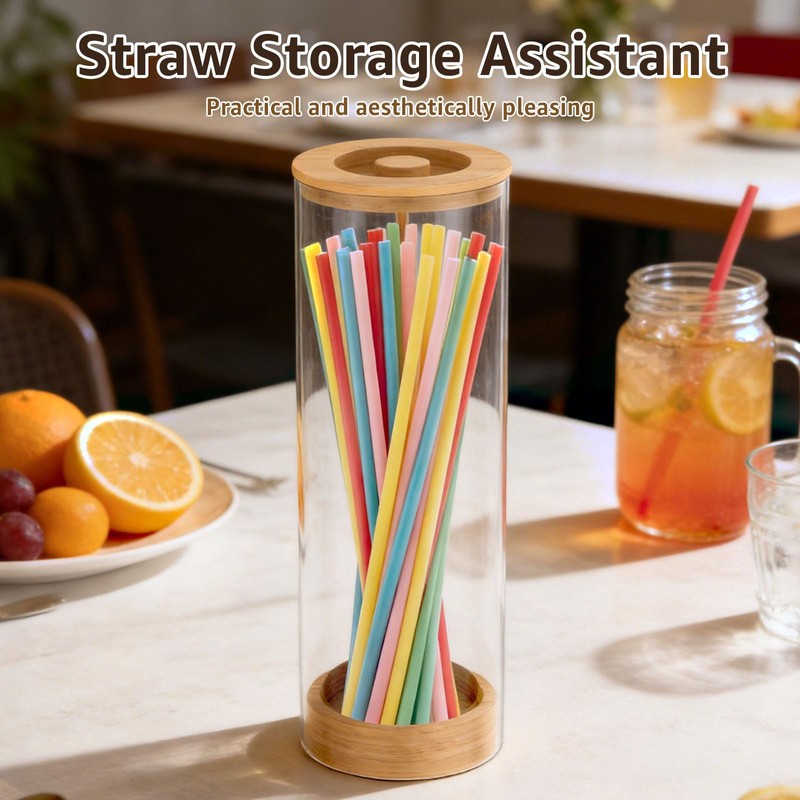 Acrylic Straw Dispenser with Bamboo Lid 25cm Clear Straw Holder