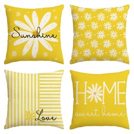 AVOIN colorlife Hello Sunshine Summer Yellow Throw Pillow Covers, 18 x 18 Inch Home Sweet Home Daisy Stripes Cushion Case for Sofa Couch Set of 4