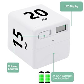 Cube Timer, Time Management and Countdown Settings with Gravity Sensor Flip Timer for Studying, Cooking, Reading, Exercise (15-20-30-60 Minutes) White