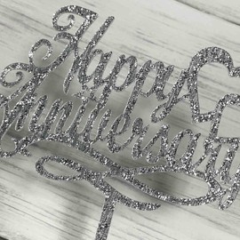 Decoración para tartas de feliz aniversario, aniversario de boda, aniversario de empresa, decoración de fiesta de cumpleaños, acrílico plateado con purpurina