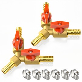 Bwintech 2 Pcs 8mm 3 Way Brass Hose Barb Ball Valve, Y Shape 2 Switch Shut Off Valve Fitting with 6 Pcs Hose Clamps